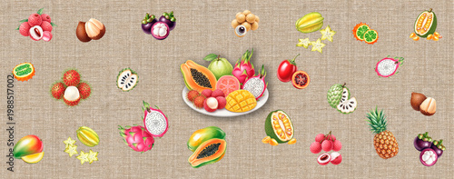Vibrant illustration of various exotic tropical fruits scattered on a textured background with a central plate for healthy eating concept and natural freshness