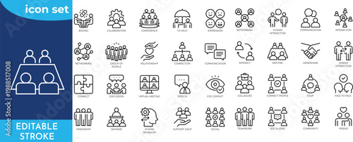 Human Interaction Line Editable Icons set. Editable stroke. Containing communication, connection, chat, relationships, socializing, meetings, group, relationship and more.