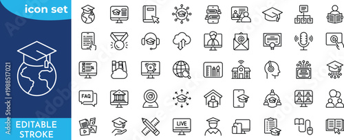 Online distance learning line editable icons set. featuring Online learning, quiz, ereader, edtech, online academy, and more. Editable stroke.