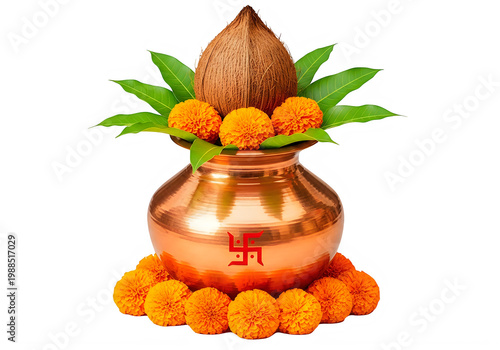 Copper Kalash Decorated with Coconut, Mango Leaves, and Marigold Flowers for Hindu Puja Rituals