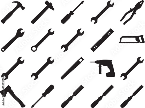 Collection of black silhouette icons representing various hand and power tools used for construction and repair