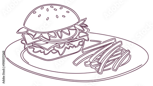 Classic hamburger and french fries served on a plate, simple line drawing style.