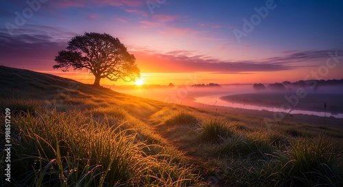 Sunset over serene landscape with tree.