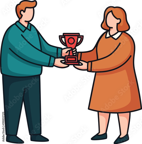 Vector illustration of man giving red trophy to woman for business achievement