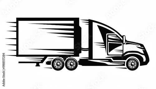 Truck trailer illustration with bold black cab and stripe lines, featuring wheels and aerodynamic cargo side panel