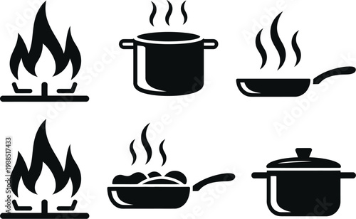 Cooking Pot and Pan Icon Set Vector Illustration, Six Black Icons on Gas Stove with Steam for Kitchen, Food Preparation, Cooking, Stove, and Culinary Design Concepts