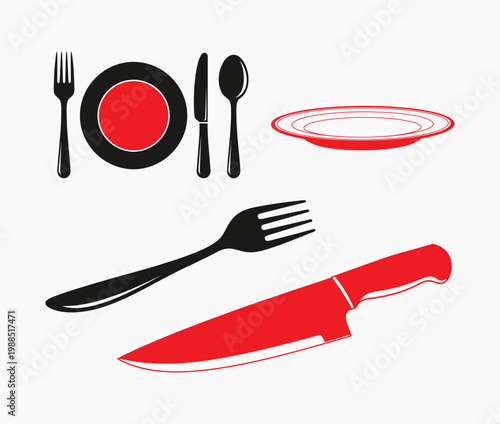 A knife and fork with plates and utensils Vector, EPS