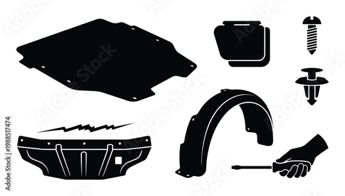 Automotive repair vector collection with underbody protection and fasteners