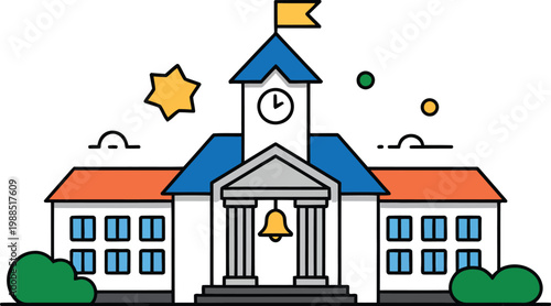 Illustrated depiction of a grand city hall building with a clock tower and flag, representing civic governance, public administration, and historic architecture in vector illustration style.