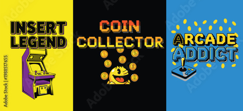 Arcade games and coins with a happy cartoon character design