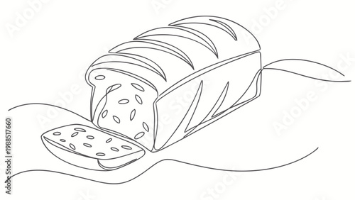 A simple line drawing of a loaf of bread with one slice cut off, showcasing a wholesome and artisanal feel.