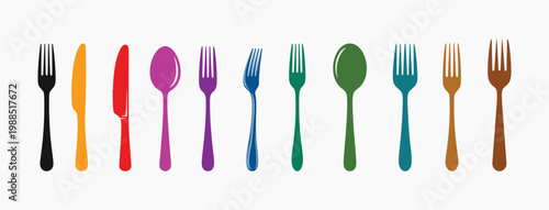 A row of colorful forks and knives on a white background Vector, EPS