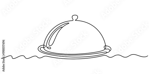 One line drawing of a food platter with a metal cloche dome lid for restaurant service Vector, illustration