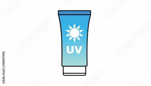 Sunscreen tube icon with UV protection sun symbol and clean blue gradient design featuring SPF, skincare, sunblock with dermatology and summer safety
