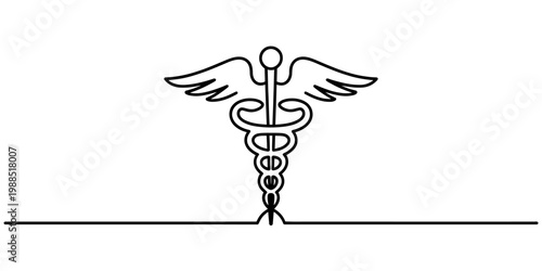 Caduceus medical symbol drawn in one continuous line style on white background Vector, illustration