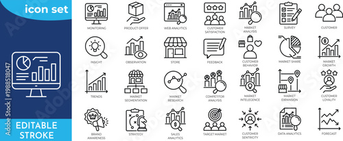 Market Analysis line editable icon set. Editable stroke. Containing market, growth, sales, trends, market, research, strategy, and more.