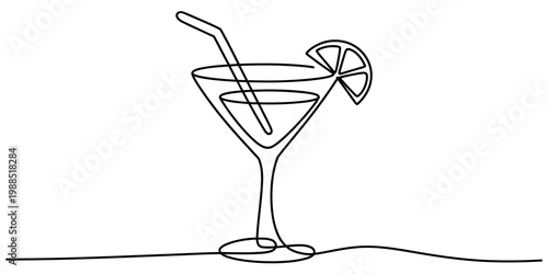 Continuous line drawing of a cocktail glass with a straw and lemon slice garnish on white background Vector, illustration