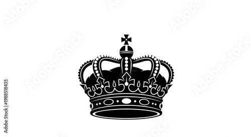 A black and white vector graphic illustration of a royal crown with a cross on top