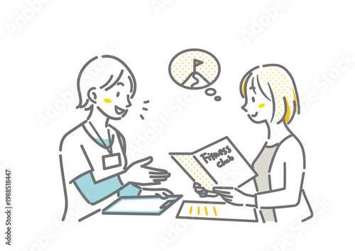 A fitness club instructor explaining the membership process to a woman listening. A simple and stylish line drawing illustration.