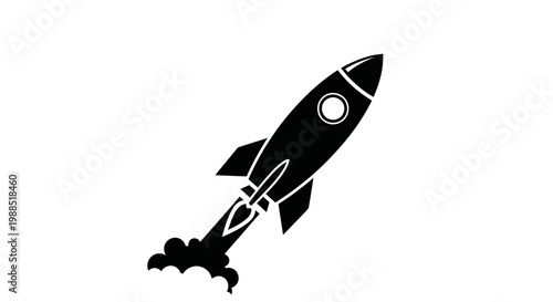 A black and white vector graphic illustration of a rocket ship blasting off into space