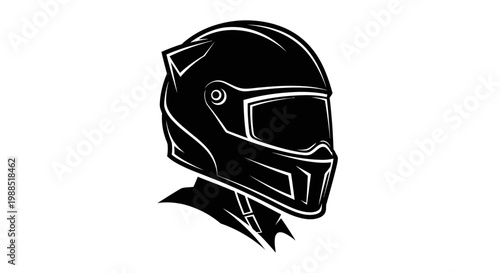 A black and white vector graphic illustration of a motorcycle helmet