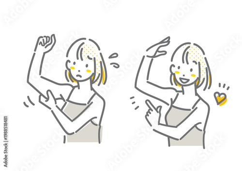 A simple and stylish line drawing illustration of a woman concerned about sagging upper arms.