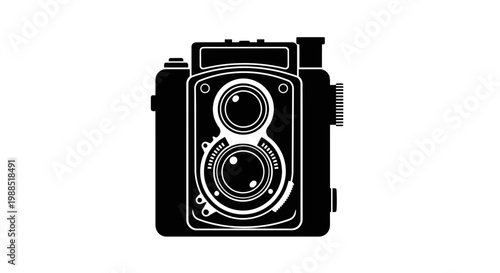 A minimalist vector graphic illustration of a vintage camera on a white background