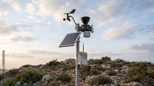 Advanced solar powered meteorological station with anemometer wind vane rain gauge and temperature sensors measuring weather conditions on a rocky arid hill under a partly cloudy sky