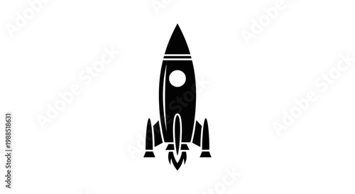 A minimalist black and white vector graphic illustration of a rocket ship blasting off into space