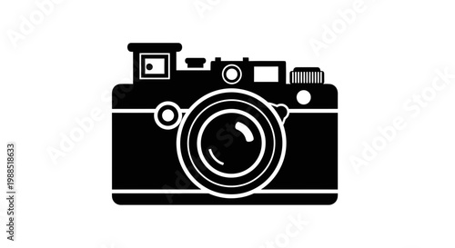 A minimalist black and white vector graphic illustration of a camera on a plain background
