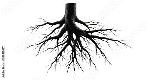 A minimalist vector illustration of a tree root system on a white background