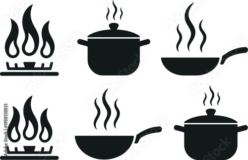 Cooking Pots and Pans Icon Set Vector Illustration, Six Black Icons on Gas Stove with Steam Including Frying Pan, Saucepan, and Boiling Pot Symbols for Kitchen Cooking Design