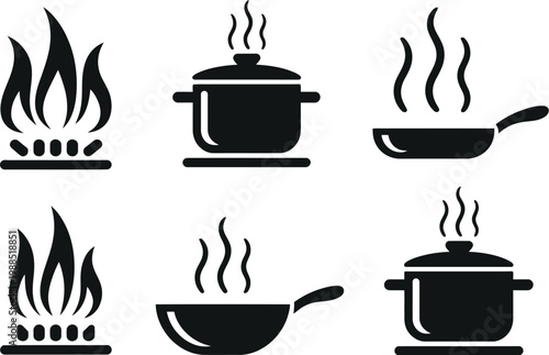 Cooking Pots and Pans Icon Set Vector Illustration, Six Black Icons on Gas Stove with Steam Including Frying Pan, Saucepan, and Boiling Pot Symbols for Kitchen Cooking Design