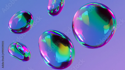 Floating Iridescent Spheres with Holographic Reflections on Purple Background for Abstract Digital Design and Modern Visual Art