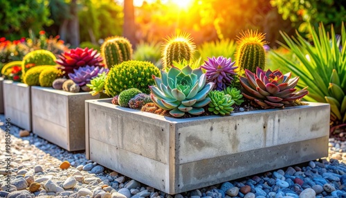 Concrete Planter Box Filled With Vibrant Succulents and Cacti Under Golden Sunlight