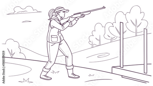 Focused woman aiming a shotgun at a target range outdoors, practicing her sport.