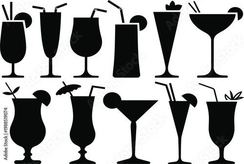 Tropical cocktail and exotic drink silhouette set featuring various glassware with garnishes and straws for bar menu and summer party concept vector