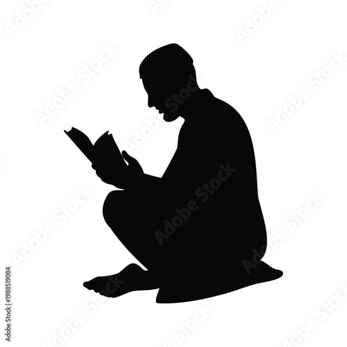 Silhouette of person reading book in a peaceful moment silhouette vector illustration, muslim reading quran silhouette vector illustration