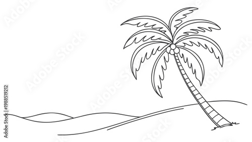 Simple outline of a leaning palm tree on a sandy shore under a clear sky.