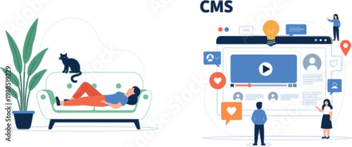 Content management system concept with user interface social media interaction remote work and digital marketing flat vector illustration