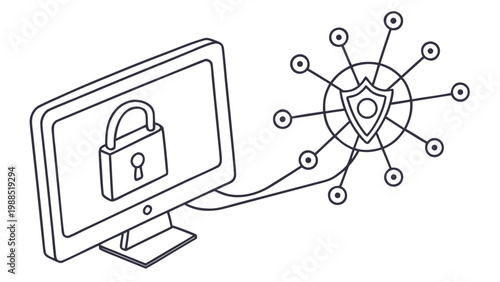 Digital security network with computer and shield icon representing data protection