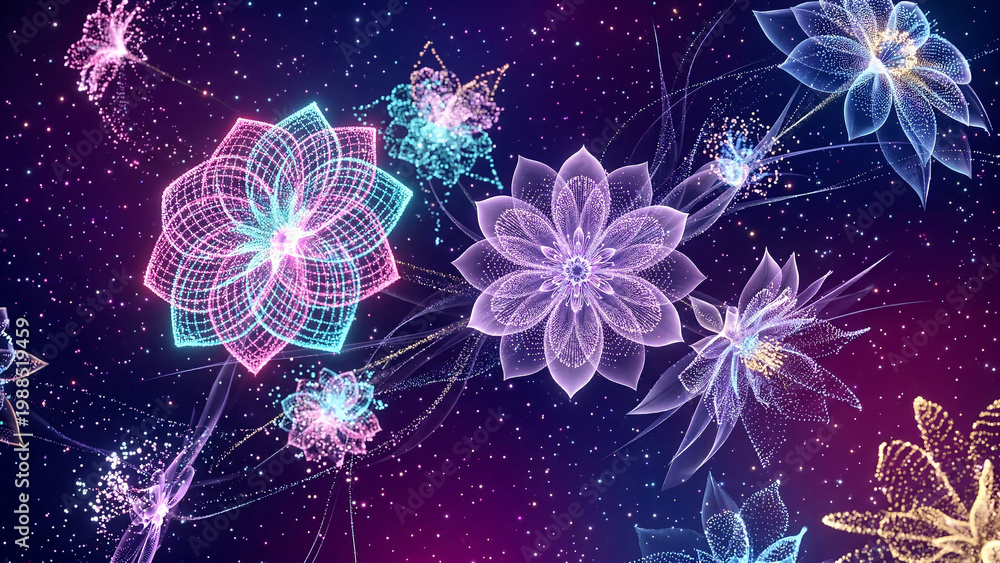Fototapeta premium Neon Bloom Dust Floating in a Colorful Gradient Space
