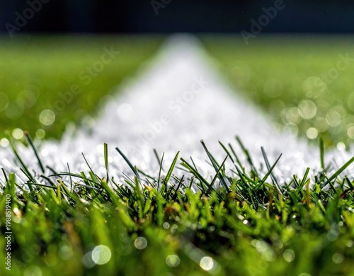 Close up detail of lush green natural grass blades showing a freshly painted sharp white line on a modern outdoor sports field or football pitch ready for competition
