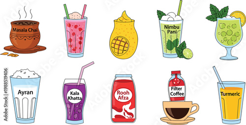 South Asian Beverage Icon Set Featuring Masala Chai, Nimbu Pani, Ayran, Rooh Afza, Filter Coffee, and Turmeric Latte for Traditional Indian and Middle Eastern Cafe Menus
