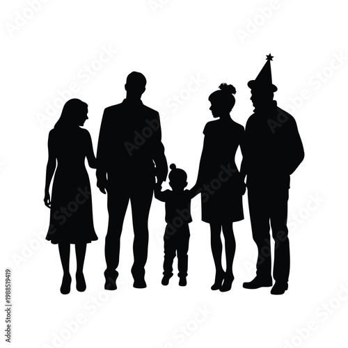 silhouette of family with magician celebrating together silhouette vector illustration, new year family gathering silhouette vector illustration