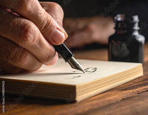 Detailed view of a human hand gracefully writing or sketching using an elegant fountain pen on aged paper, with a classic inkwell present