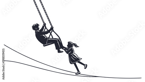 Joyful father pushing daughter on swing in a park on a sunny day