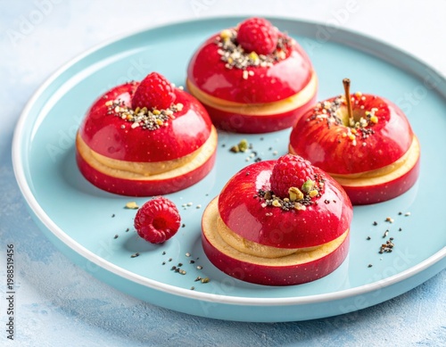 Delicious red apple and peanut butter desserts topped with fresh raspberries, chia seeds, and crushed pistachios elegantly arranged on a light blue plate for a healthy treat