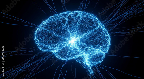 Fototapeta kuchenna Glowing blue brain with neural network connections on dark background
