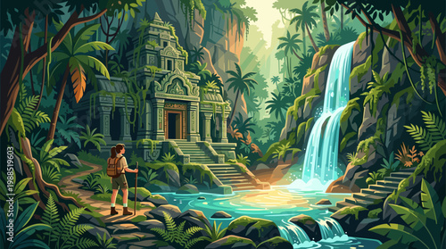 A female hiker discovers a vibrant jungle temple with a waterfall, surrounded by lush foliage, evoking adventure and exploration in a stylized vector art.